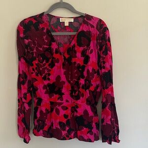 Michael Kors Fuchsia and Black Floral Wrap-Style Blouse